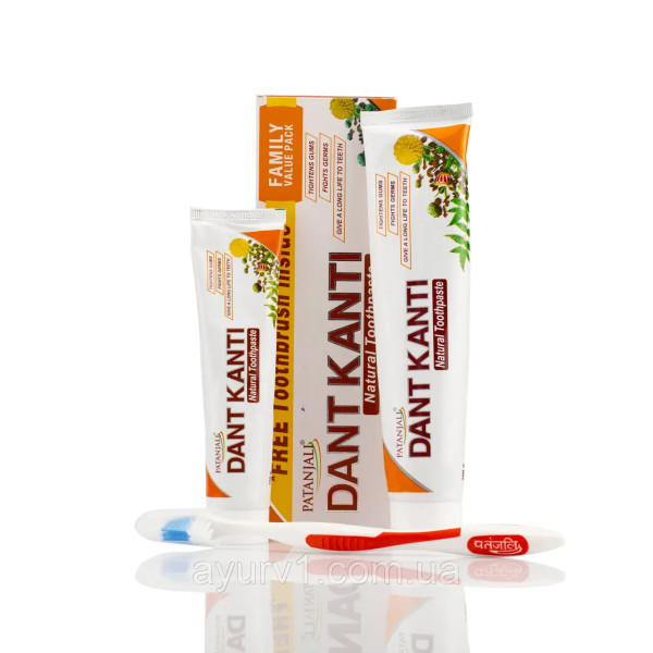 Зубна паста Дант Канті Патанджалі Регулар Натурал Сімейний Пак Dant Kanti Patanjali Natural Regular Toothpaste Family Pack 100+200g +toothbrush