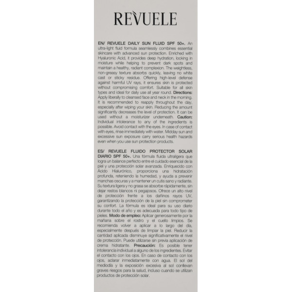 Солнцезащитный флюид с гиалуроновой кислотой SPF 50+ UVB+UVA, Daily Sun Fluid, Revuele, 40ml