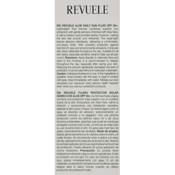 Солнцезащитный флюид SPF 50+ с алоэ вера и пантенолом, SPF50 UVB+ UVA, Aloe Daily Sun Fluid, Revuele, 40ml