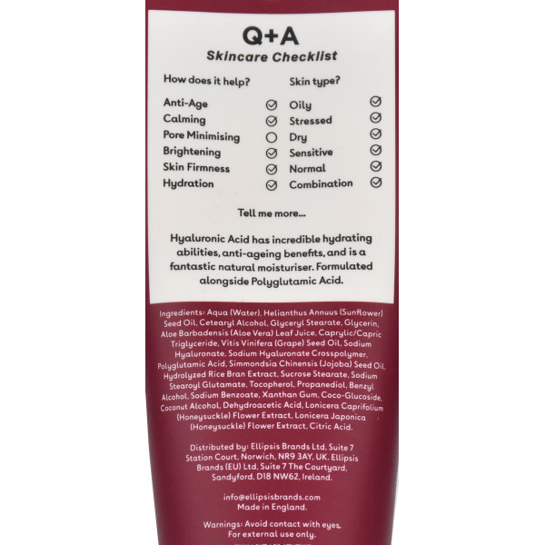 Увлажняющий крем для лица с гиалуроновой кислотой Hyaluronic Acid Daily Moisturiser Q+A 75 мл