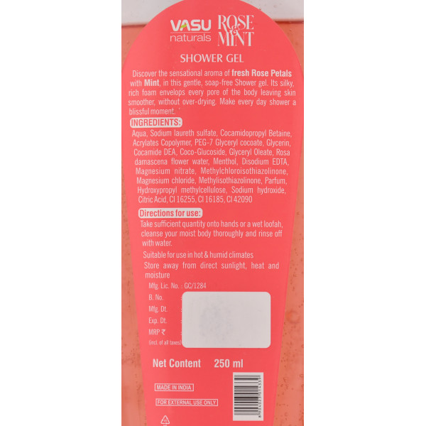 Натуральный охлаждающий гель для душа с розой и мятой Vasu, Rose и Mint, Shower Gel, 3 in 1, 250ml