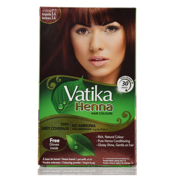 Фарба на основі хни, бургунді 3,6 , Vatika Hair Colour Powder , 60 г (6 пакетиків по 10 г)