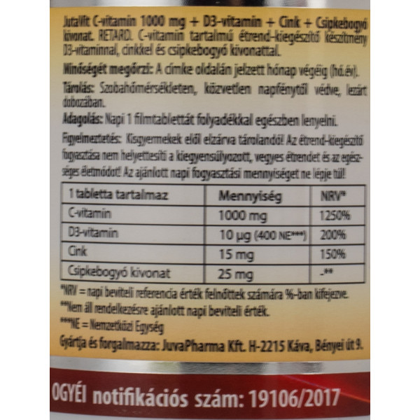 Витамин С + D3 + Цинк / Сink 1000 mg, JutaVit / Венгрия / 100 кап