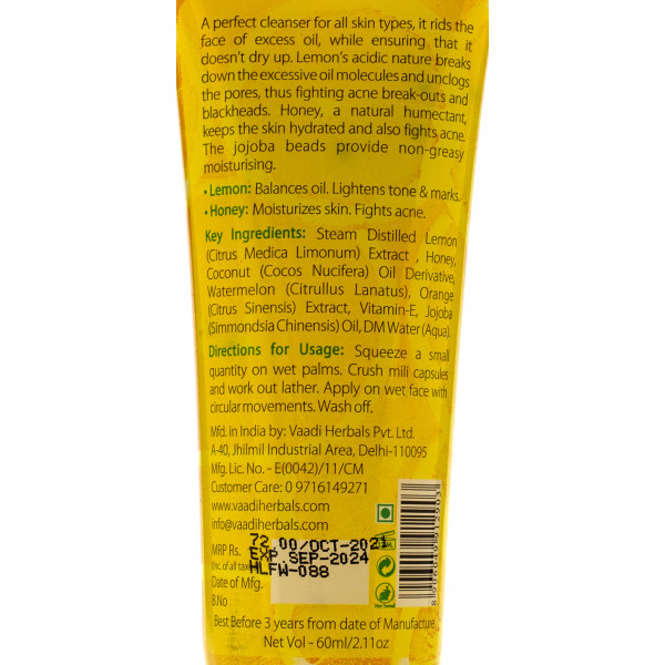 Лимонный гель для умывания с медом / Pure Honey Lemon Face Wash, Vaadi / 60 мл